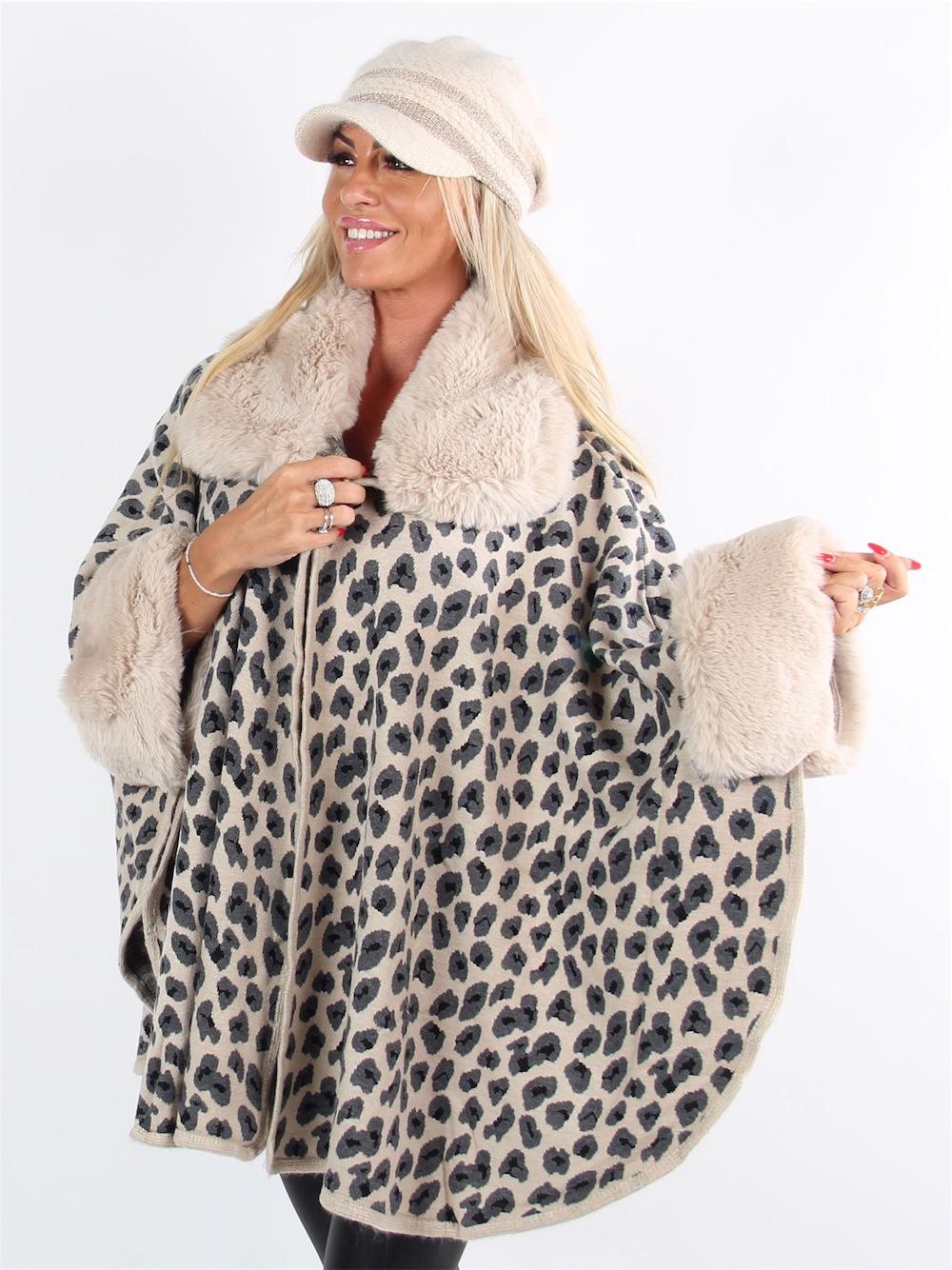 Gotilda - Beigefarvet cardigan i leopardprint med fauxfur kanter